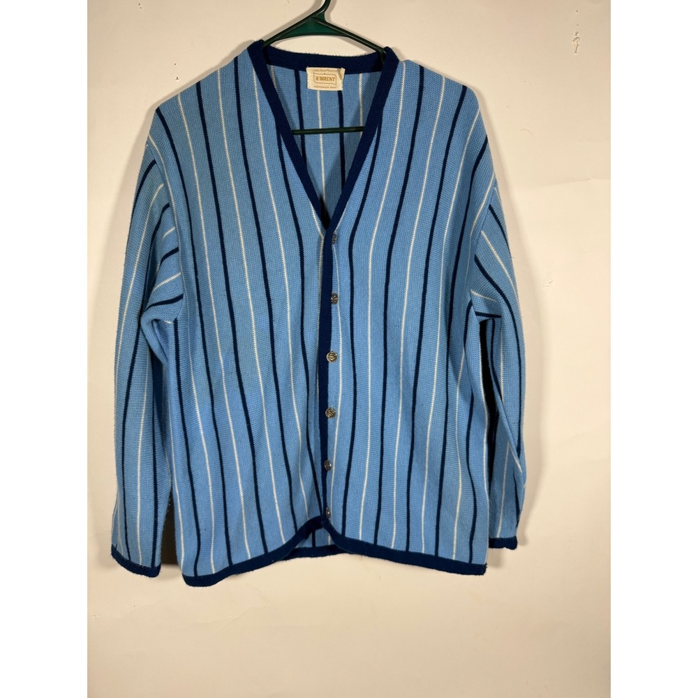 Vintage Brent Montgomery Ward Blue Striped Orlon Acrylic Cardigan Sweater Large